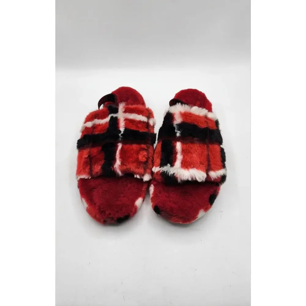 UGG Fluff Yeah Slide Slippers Plaid Punk Red Black White 1131630K Sz 6 Youth